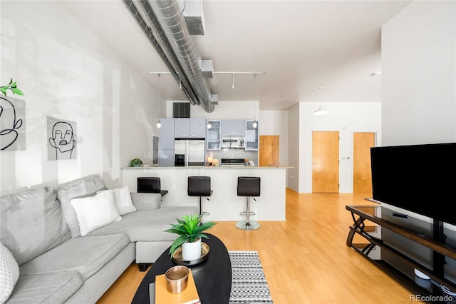 living area featuring track lighting and light wood-style floors