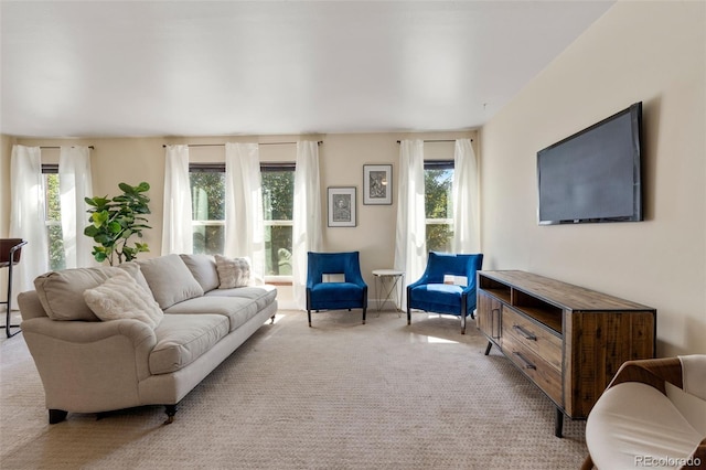 living room featuring light carpet