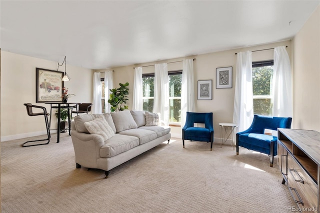 living room with light colored carpet