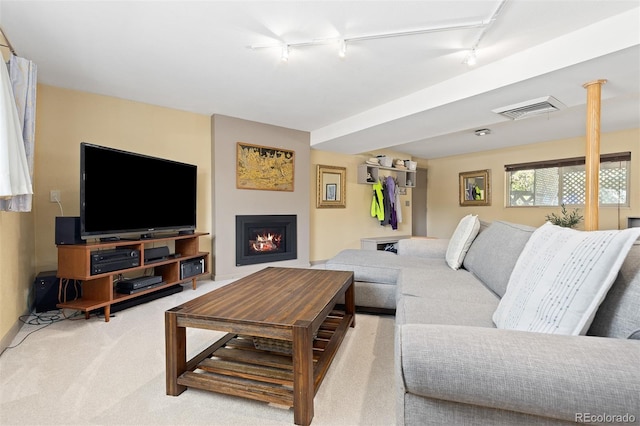 15000 W 29th Ave, Golden, CO 80401 - living area featuring track lighting, carpet floors, and a lit fireplace