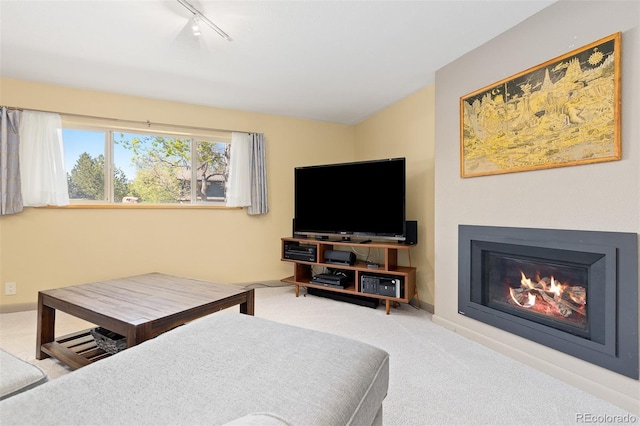 15000 W 29th Ave, Golden, CO 80401 - living area featuring carpet flooring, rail lighting, and a glass covered fireplace