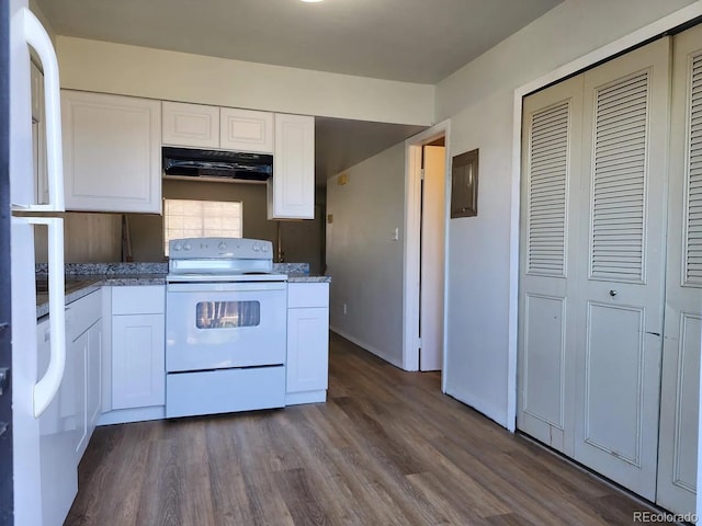 kitchen featuring hardwood / wood-style flooring, electric panel, white cabinets, and white range with electric stovetop