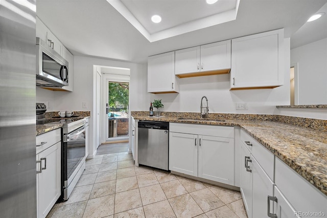 4246 S Granby St Unit B, Aurora, CO 80014 - kitchen featuring stainless steel appliances, white cabinets, stone countertops, recessed lighting, and a tray ceiling