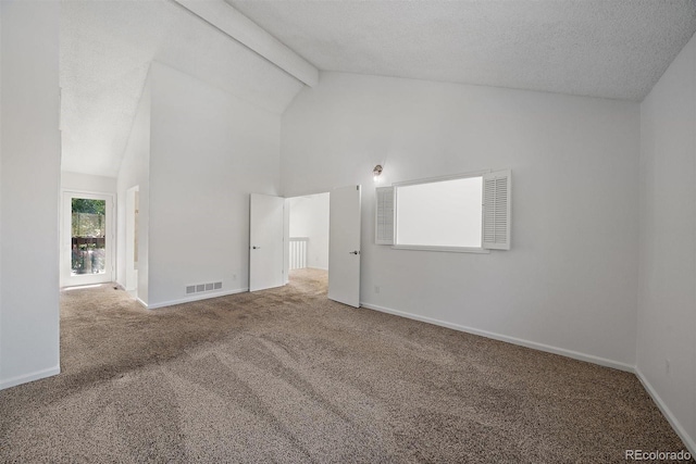 4246 S Granby St Unit B, Aurora, CO 80014 - unfurnished room featuring carpet floors, beam ceiling, high vaulted ceiling, and a textured ceiling