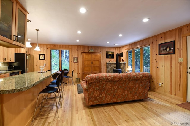 446 Blue River Rd, Breckenridge, CO 80424 - living room featuring a wood stove, wood walls, recessed lighting, and light wood-type flooring