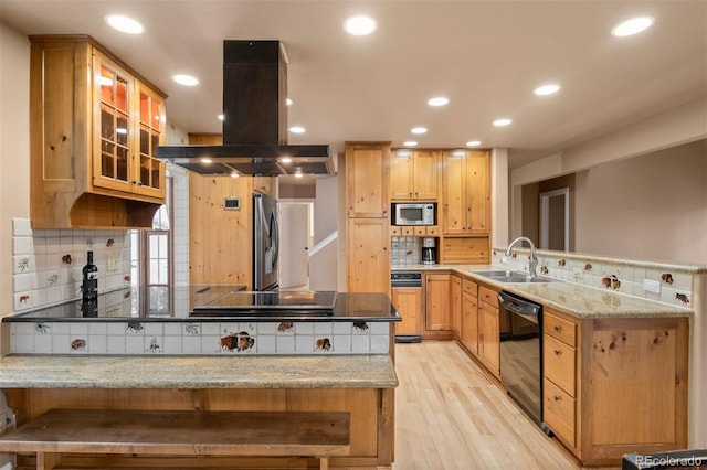 6530 Ridgeview Dr, Morrison, CO 80465 - kitchen with island range hood, a peninsula, a sink, appliances with stainless steel finishes, and tasteful backsplash