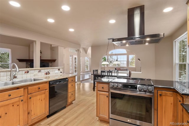 6530 Ridgeview Dr, Morrison, CO 80465 - kitchen featuring stainless steel range with electric cooktop, black dishwasher, island range hood, a sink, and light wood-type flooring