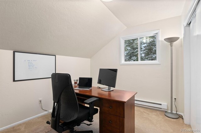 6530 Ridgeview Dr, Morrison, CO 80465 - office space with a baseboard heating unit, light carpet, lofted ceiling, and baseboards