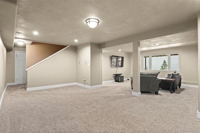 6530 Ridgeview Dr, Morrison, CO 80465 - living area with a textured ceiling, carpet, baseboards, recessed lighting, and stairs