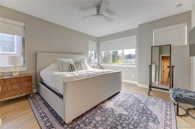 bedroom featuring ceiling fan and light hardwood / wood-style flooring