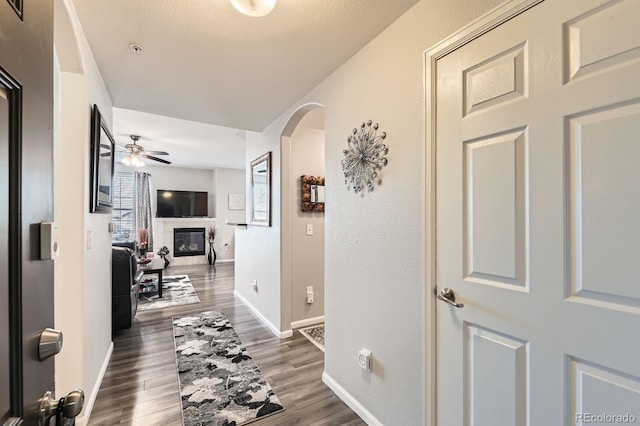 hall featuring arched walkways, baseboards, and wood finished floors