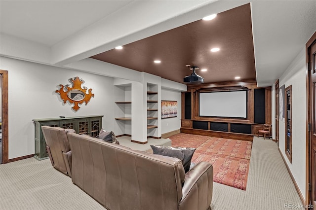 carpeted cinema room featuring built in features