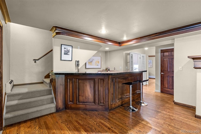 bar with a baseboard radiator and hardwood / wood-style floors