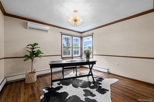 office with dark wood finished floors, ornamental molding, an AC wall unit, a textured ceiling, and baseboards