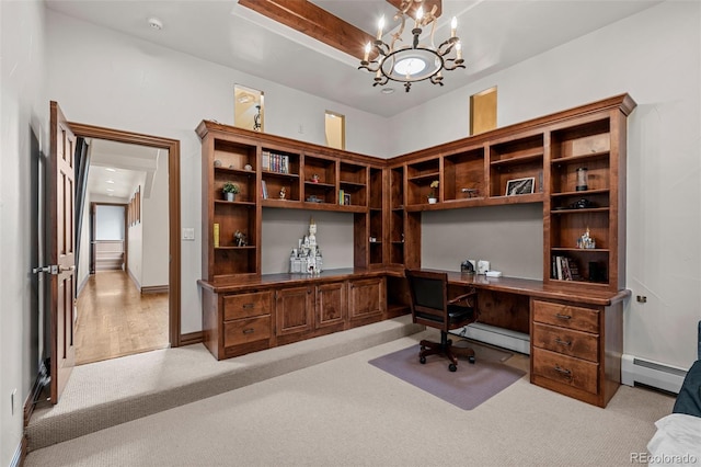 office space featuring light carpet, a baseboard radiator, a chandelier, and baseboards