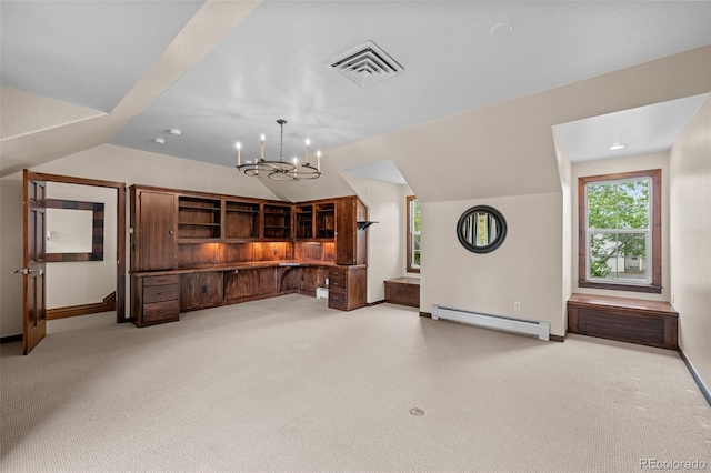 living area featuring visible vents, built in study area, vaulted ceiling, baseboard heating, and carpet floors