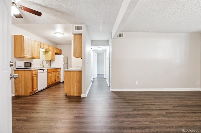 16359 W 10th Ave Unit 2, Golden, CO 80401 - kitchen featuring white appliances, light countertops, a ceiling fan, a textured ceiling, and dark wood-style flooring