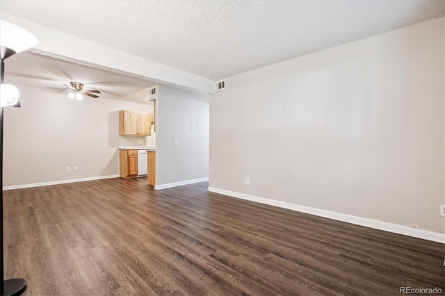 16359 W 10th Ave Unit 2, Golden, CO 80401 - unfurnished living room featuring dark wood-style flooring, ceiling fan, and a textured ceiling