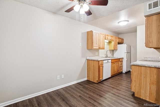 16359 W 10th Ave Unit 2, Golden, CO 80401 - kitchen with white appliances, dark wood-type flooring, ceiling fan, and a textured ceiling
