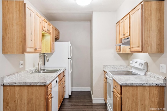 16359 W 10th Ave Unit 2, Golden, CO 80401 - kitchen featuring white appliances, under cabinet range hood, dark wood finished floors, light brown cabinets, and light countertops