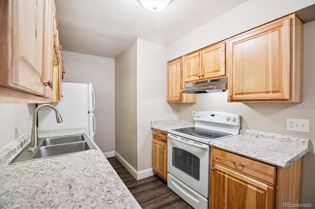 16359 W 10th Ave Unit 2, Golden, CO 80401 - kitchen with electric stove, under cabinet range hood, dark wood-style flooring, light countertops, and light brown cabinets