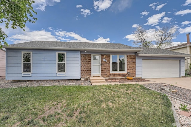 ranch-style house with a garage, brick siding, entry steps, a front yard, and driveway