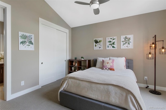5608 Raintree Dr, Parker, CO 80134 - bedroom with carpet floors, vaulted ceiling, a closet, and ceiling fan