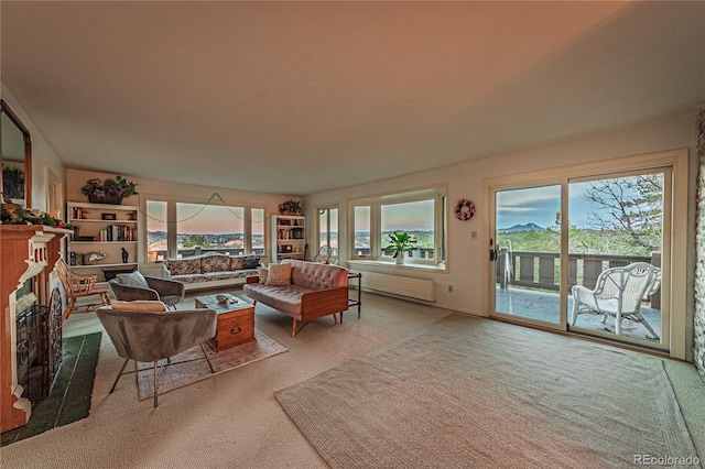 living area featuring a fireplace and carpet flooring