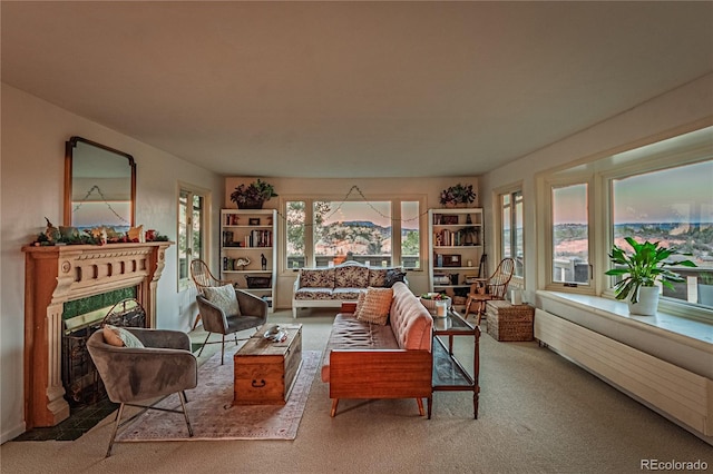 living area featuring carpet and a fireplace with flush hearth