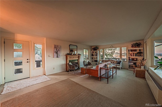 carpeted living room with a healthy amount of sunlight and a fireplace