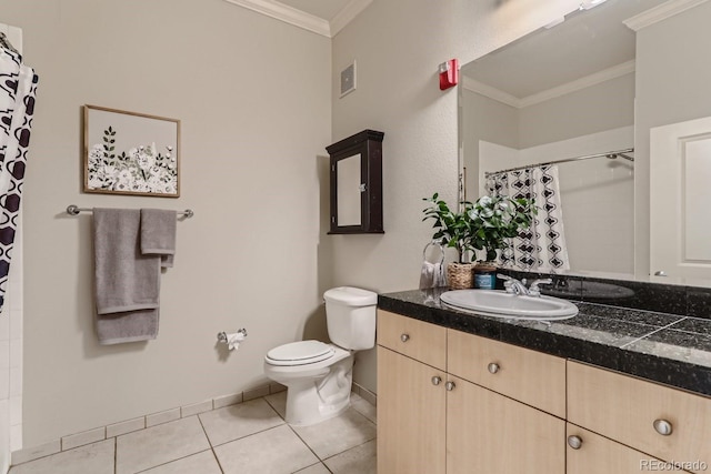 full bathroom with vanity, visible vents, ornamental molding, tile patterned floors, and toilet