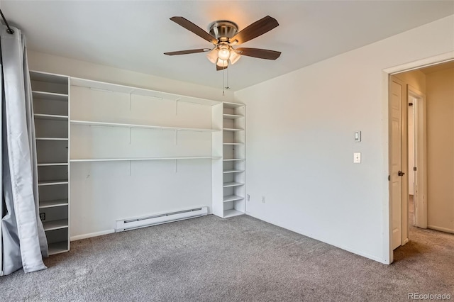 unfurnished bedroom featuring carpet floors, a baseboard radiator, and ceiling fan