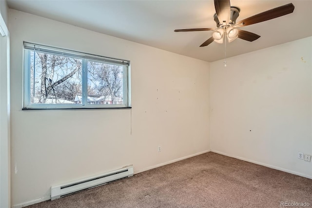 empty room with ceiling fan, carpet, and a baseboard heating unit