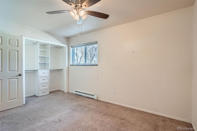 unfurnished bedroom featuring light carpet, a closet, a baseboard radiator, and ceiling fan