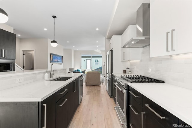 kitchen featuring a sink, white cabinets, wall chimney range hood, high quality appliances, and backsplash