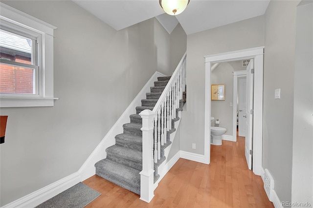 staircase with wood-type flooring