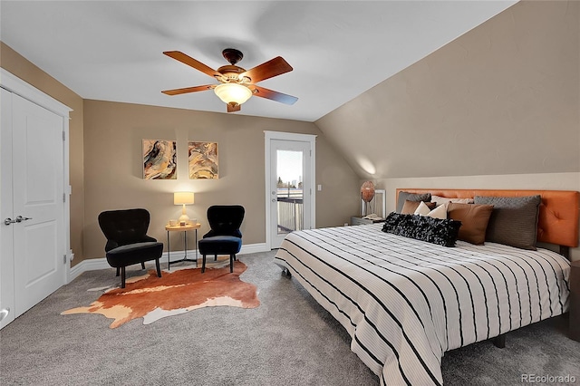 bedroom with ceiling fan, carpet flooring, lofted ceiling, and access to exterior