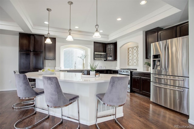 kitchen featuring a tray ceiling, a center island, and stainless steel appliances