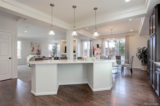 kitchen featuring pendant lighting, a center island, and dark hardwood / wood-style flooring