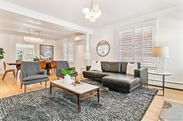 428 N Humboldt St, Denver, CO 80218 - living area featuring a baseboard radiator, wood finished floors, crown molding, a wall mounted air conditioner, and a chandelier