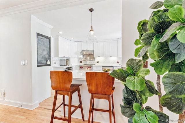 428 N Humboldt St, Denver, CO 80218 - kitchen featuring under cabinet range hood, range, backsplash, light wood-style floors, and white cabinets