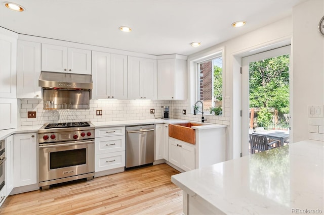 428 N Humboldt St, Denver, CO 80218 - kitchen featuring appliances with stainless steel finishes, under cabinet range hood, white cabinetry, backsplash, and recessed lighting