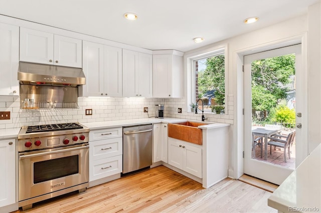 428 N Humboldt St, Denver, CO 80218 - kitchen with stainless steel appliances, under cabinet range hood, light countertops, white cabinets, and backsplash