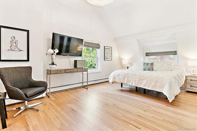 428 N Humboldt St, Denver, CO 80218 - bedroom featuring a baseboard radiator, wood finished floors, and high vaulted ceiling