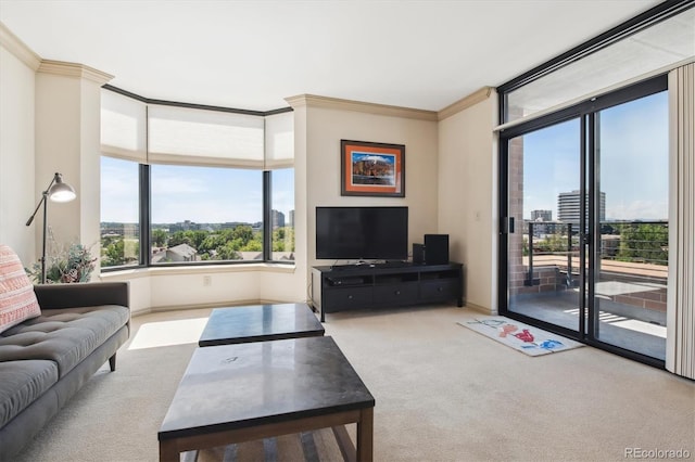 living room featuring a wealth of natural light, carpet, and crown molding