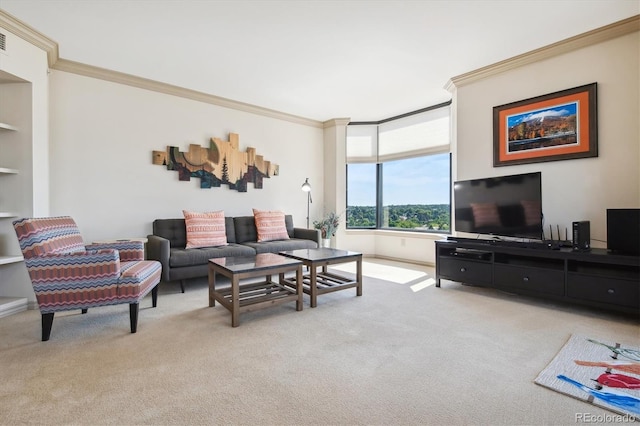 living room featuring crown molding and light carpet