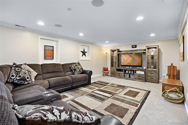 carpeted living room with recessed lighting, crown molding, and baseboards