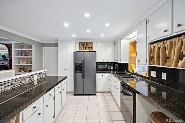 kitchen with stainless steel refrigerator with ice dispenser, black microwave, dishwasher, a sink, and crown molding