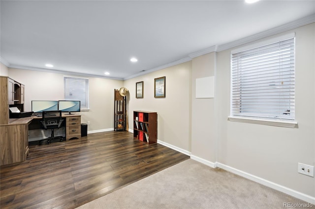 office with recessed lighting, ornamental molding, baseboards, and wood finished floors