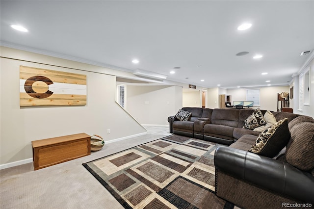 living room with carpet floors, recessed lighting, baseboards, and ornamental molding